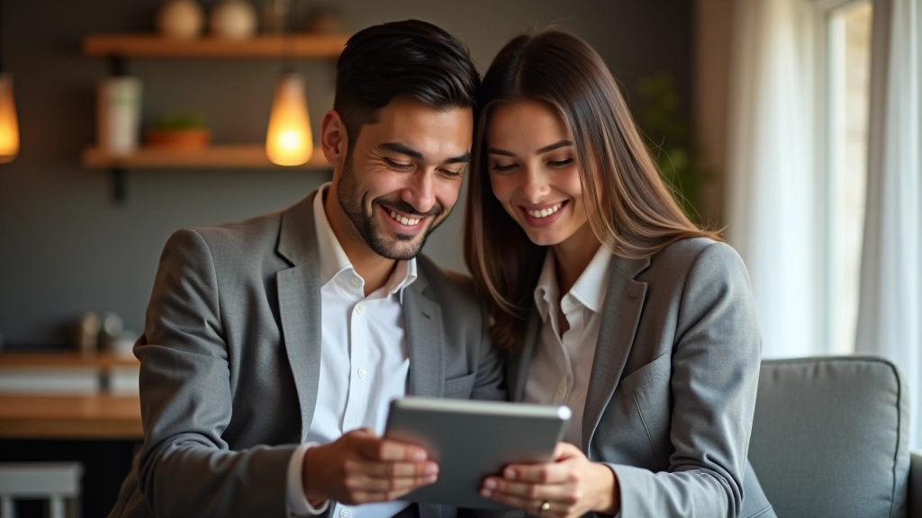 Pareja joven sonriendo mientras revisan plan de ahorro en tablet