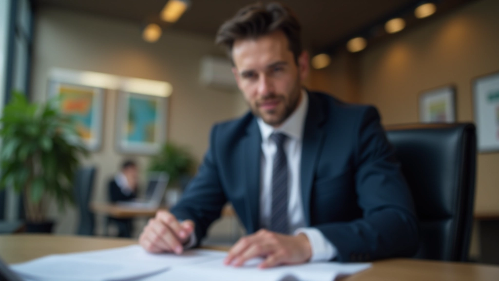 Asesor financiero en traje de negocios analizando documentos en oficina profesional