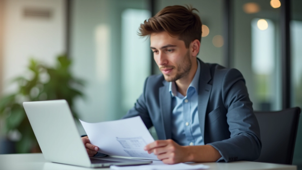 Personas jóvenes analizando documentos financieros en mesa moderna con laptop y gráficos