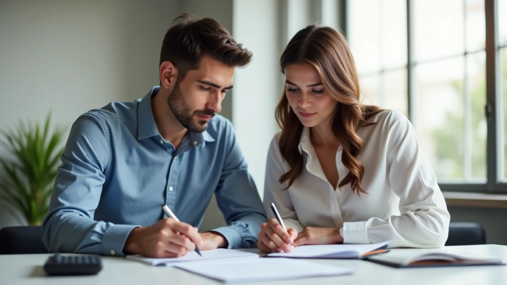 Pareja joven revisando documentos financieros en una mesa moderna con laptop y calculadora